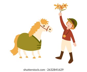 Young rider with medal holding flowers next to pony in rug