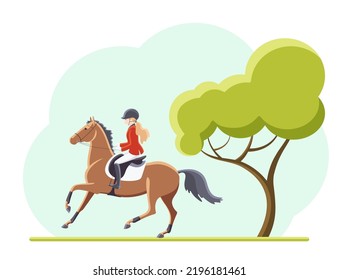 Young rider rides a pony in the park