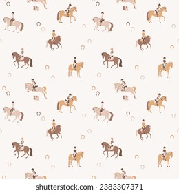 Young riders learn to ride a pony, seamless vector pattern
