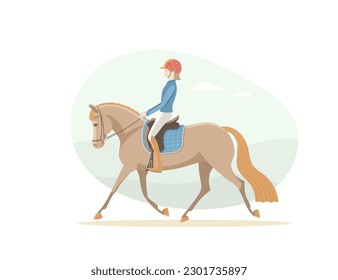 Young riders rides her pony in the park, vector illustration