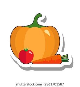 Young ripe vegetables flat paper sticker. Fresh healthy carrot, pumpkin and tomato, edible plants for cooking and eating isolated on white background. Seasonal harvest, farming, cuisine concept