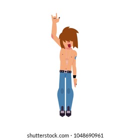 Young rock man staying and making hand horns gesture isolated on white background. Cartoon style character of musical fan with middle hair and symbology. Colorful vector illustration.