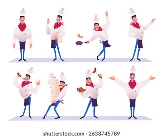 Young rofessional chef character in action poses. Man cooking, service staff person