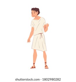 Young Roman Man in Traditional Clothes, Ancient Rome Citizen Character in White Tunic And Sandals Vector Illustration