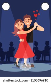 Young romantic couple dancing tango under bright spotlights. Silhouettes of people on background. Flat vector design