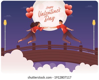 Young Romantic Couple Flying With Heart Balloons On Full Moon Bridge Background For Happy Valentine's Day Celebration.