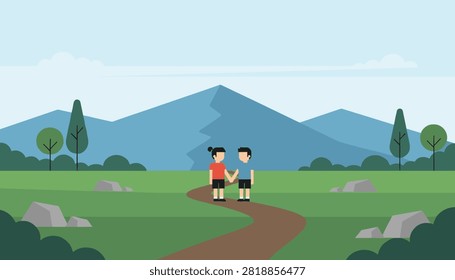 Young romantic couple holds hands as they walk down a winding path in a peaceful mountain valley with green fields.