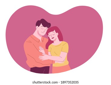 Young romantic couple is hug and spending time together in pink heart shape background. Valentine Romantic concept.