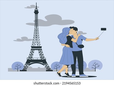 Young romantic couple kissing near the Eiffel Tower in Paris. Loving couple having a date near the Eiffel tower. Tourists on vacation or during their honeymoon in Paris, France. vector illustration