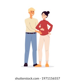 Young romantic couple in love expecting child hugging, flat vector illustration isolated on white background. Cartoon character of husband embracing his pregnant wife.