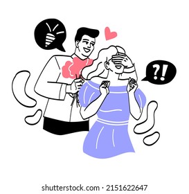 Young romantic couple. Man closes girls eyes with his hands, surprise. Guy holds bouquet behind his girlfriend, valentines day or March 8, date and birthday. Cartoon flat vector illustration