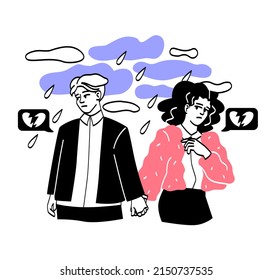 Joven pareja romántica. Hombre y chica se toman de las manos bajo la lluvia. Metáfora de los problemas de relación. Corazones rotos, escándalo, ruptura. Temporada de otoño y personajes tristes. Dibujo vectorial plano de dibujos animados