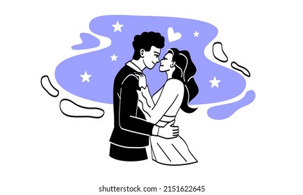 Young romantic couple. Man and girl hugging against background of night starry sky, romantic date and care. Greeting card design, valentines day, family at park. Cartoon flat vector illustration