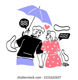 Young romantic couple. Man with umbrella holds girl by hand, date in park in autumn, protection from rain. Love and care, greeting card design for Valentines Day. Cartoon flat vector illustration