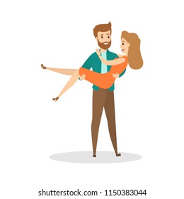 Young romantic couple on a date. Woman and man are in love. Lovers hugging and walking together. Isolated flat vector illustration