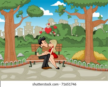 Young romantic couple passionately kissing at the park bench