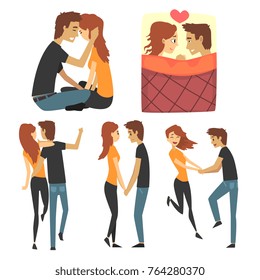 Young romantic couple set. Collection with lovers walking, having fun, holding hands, lying in bed under the blanket. Flat vector.