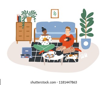 Young romantic couple sitting on floor, drinking tea and eating cookies in evening. Man and woman spending time together in their apartment. Colorful vector illustration in flat cartoon style.