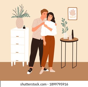 Young romantic couple standing together in furnished room of their new apartment in scandinavian style. Happy man and woman hugging and enjoying cozy home. Colorful flat vector illustration