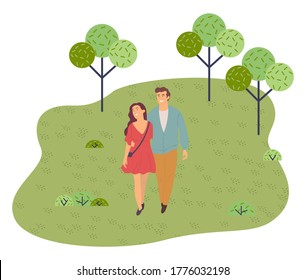 Joven pareja romántica caminando por el parque primaveral. Chica vestida de rojo. Hombres y mujeres en el jardín. Relájese las vacaciones de fin de semana. Fecha romántica. Amor y relación. Parques verdes, plazas. Imagen vectorial plana