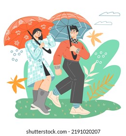 Young romantic couple walking in the rain, flat cartoon vector illustration isolated on white background. Young people walk with an umbrella in autumn or a rainy summer day.