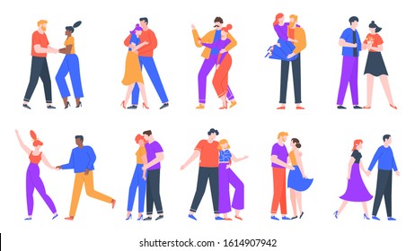 Young romantic couples in love. Happy boyfriend and girlfriend romantic date. Dancing, taking selfies and decided to get married couples. Lovely isolated vector illustration icons set