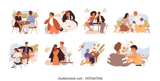 Young romantic couples on good and bad dates. Successful and unsuccessful dating concept. People during happy, sad and awkward meetings. Colored flat vector illustration isolated on white background