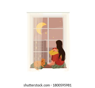 Young romantic girl with long hair looking through window while sitting on sill at home with next to a ginger tabby cat who licks his paw. Vector illustration of thinking, dreaming design concept.