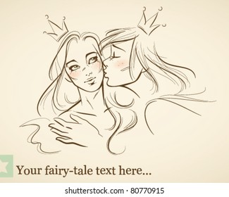 Young royal couple. Fairy-tale prince kissing his beautiful princess