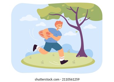 Young rugby player character running on field with ball. Happy boy playing American football, training with school team and smiling flat vector illustration. Sports fun game, competition concept