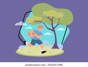 Young rugby player character running on field with ball. Happy boy playing American football, training with school team and smiling flat vector illustration. Sports fun game, competition concept