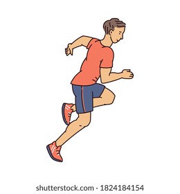 Young runner athlete in sport clothes running isolated on white background - healthy cartoon man jogging seen from side view. Flat vector illustration.