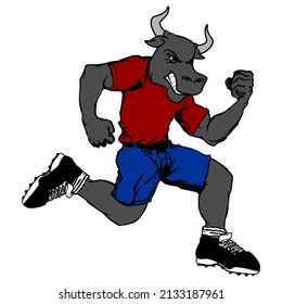 young runner bull cartoon fitness illustration in vector format