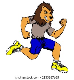 young runner lion cartoon fitness illustration in vector format