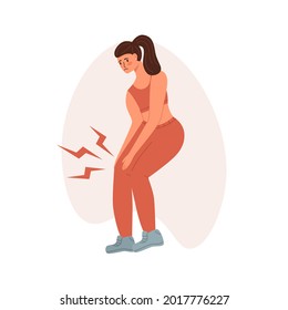 Young runner woman having a knee pain and suffering for this. Vector illustratin in trendy live flat style. Healthcare, pain, sickness, disease concept, isolated on a white background