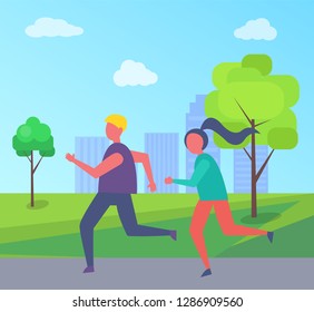 Young runners jogging in park on background of buildings and green trees. Man and woman joggers running together, happy couple outdoors vector illustration