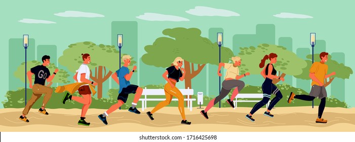 Young runners spending time in summer park. Healthy, active, sportive lifestyle, marathon. Student, girl, guys running in line. Preparation for beach season. Goal to get fit. Vector flat illustration.