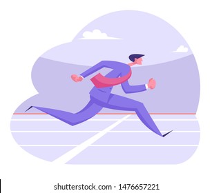 Young Running Business Man Character in Formal Suit Crossing Finish Line on Stadium. Successful Leader Businessman Leadership, Goal Achievement Corporate Competition Cartoon Flat Vector Illustration