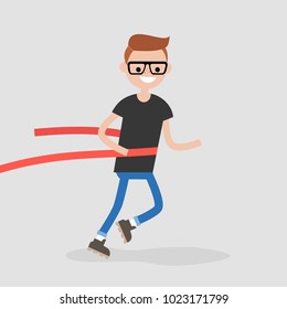 Young running character crossing the finish line. Red ribbon. Race. Competition. Flat editable vector illustration, clip art
