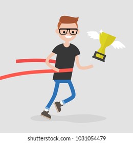 Young running character crossing the finish line. Red ribbon. Race. Competition. Flat editable vector illustration, clip art