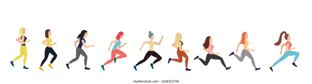 Young and running cheerful girls in different poses isolated on white background. Women with different hair colors and hairstyles. Fast running, marathon, hobby. Stock vector illustration for design
