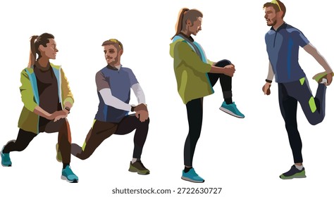 Junge Laufpaar wärmt sich auf und streckt sich, bevor sie morgens draußen laufen