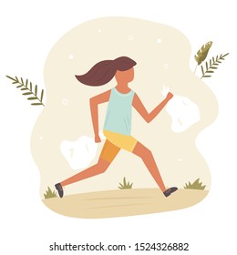 Young running girl doing plogging. Eco lifestyle. Green activity. 