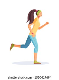 Young running woman, girl jogging cartoon vector isolated. Run, side view