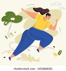 Young running woman, healthy lifestyle. Big limbs style, people illustration. Active girl outdoor. Sport jogging concept. Modern cartoon flat vector graphics