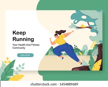 Young running woman, healthy lifestyle landing page template. Big limbs style, people illustration. Active girl outdoor. Sport jogging concept for website. Modern cartoon flat vector graphics