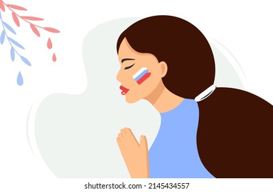 Young Russian girl prays, mourns Close-up silhouette of a sad woman. Pray for Russia Vector isolated design for poster, postcard, banner with place for text. Flat template. White background.