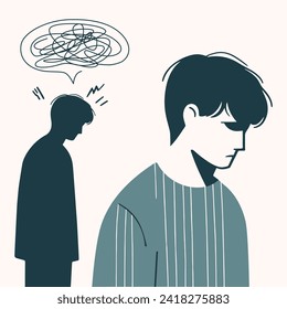young sad anxiety unhappy depressed confused financial stress men face thinking about his past background scribble line callout above his head modern clean vector feeling and thoughts, headache art