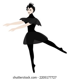 Young sad ballerina in black costume and crown diadem of a swan. Vector dramatic illustration isolated on white background.