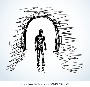 Young sad body go pass away black water hole road view deep grief spirit problem bright white text space. Hand drawn clinical soul die glow ray old gate logo icon sign design mystic doodle cartoon art